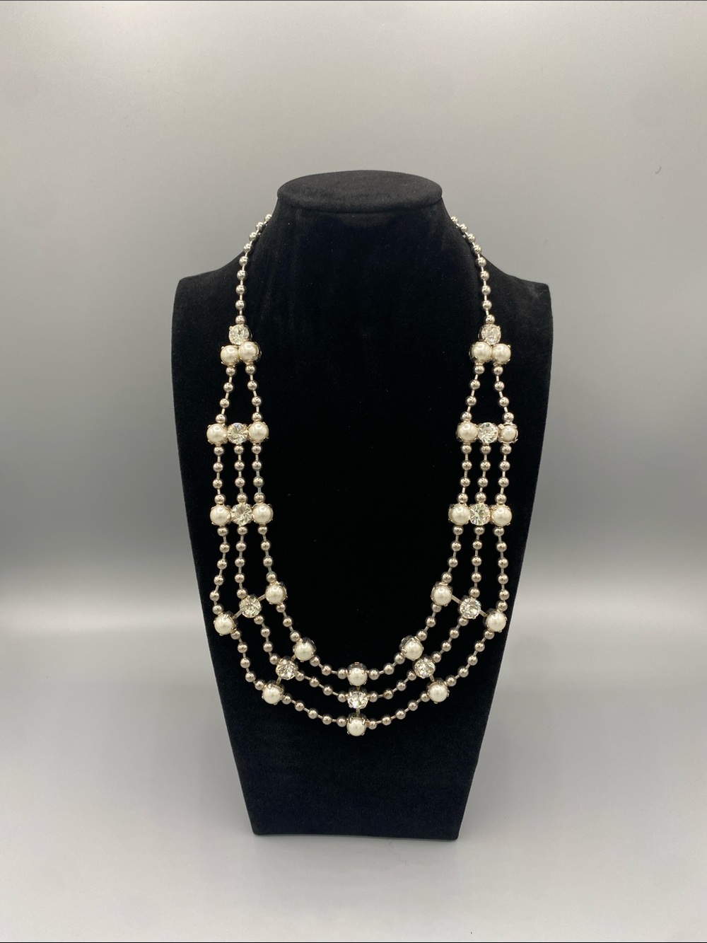 Banana Republic Triple-Strand Beaded Necklace‎ - Silver with Pearls and Crystals
